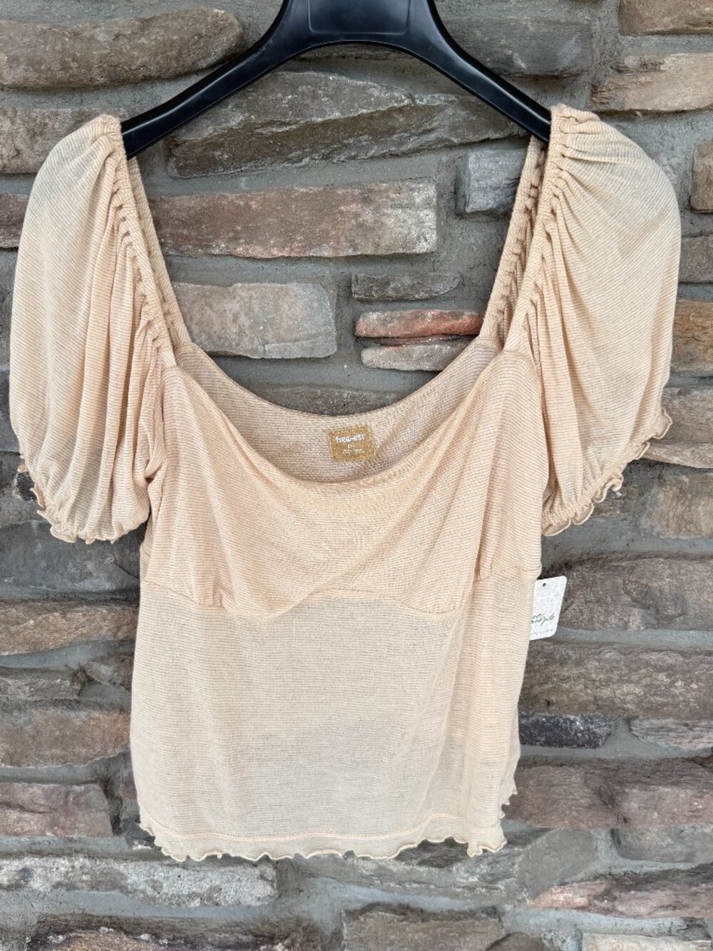 Free People Women's L Beige Puff Sleeve Ribbed Knit Top Square Neck Lettuce Hem